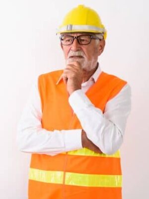 stroitel пожилой специалист в каске и униформе задумался