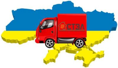 dostavka-stel красный грузовик СТЭЛ на фоне синежелтой карты Украины